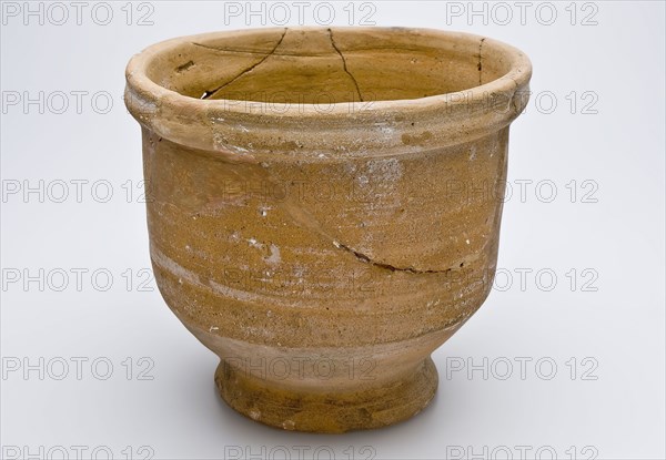 Pottery flowerpot on stand, hole in bottom, girth above foot, flower pot holder soil found ceramic earthenware, handwrought