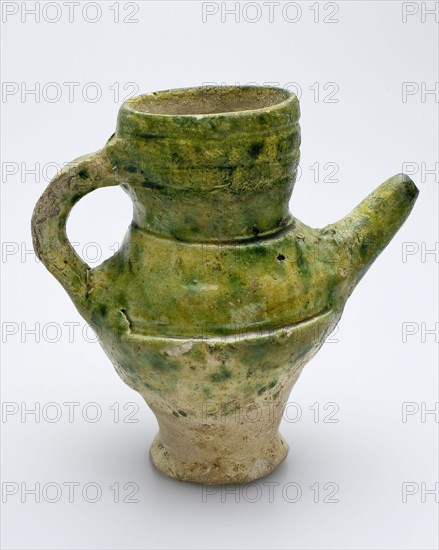 Pottery feeding bottle or small jug with spout, yellow shard mottled green glazed, Bottle soil find ceramic earthenware glaze