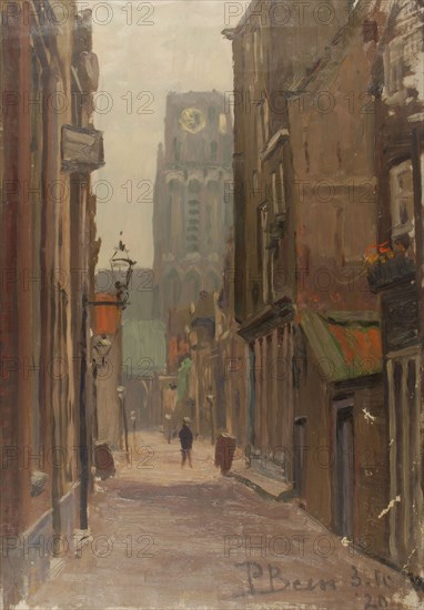 Pieter Been, Lange Torenstraat with St. Laurenstoren, Rotterdam, cityscape painting artwork oil paint linen, Portrait format oil