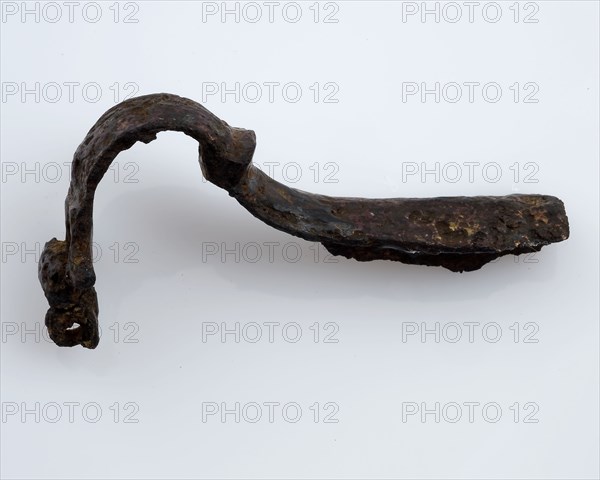 Bronze fibula or cloak pin with broad, short back, without pin, fibula fastener soil find bronze metal, cast hammered pulled