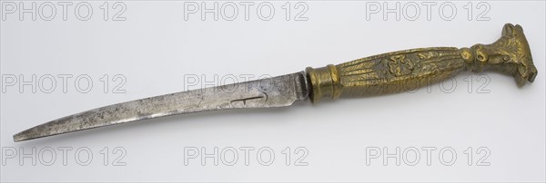 Iron blade with bronze handle, ending with cow's head, knife cutlery soil find iron bronze metal, forged cast Iron knife