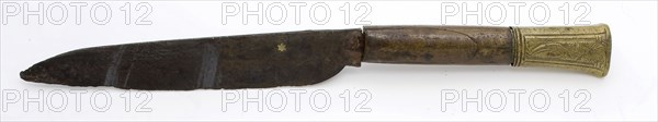 Iron blade with legs and brass handle with engraved saints, knife cutlery soil find iron copper brass metal leg, w 1.5 forged