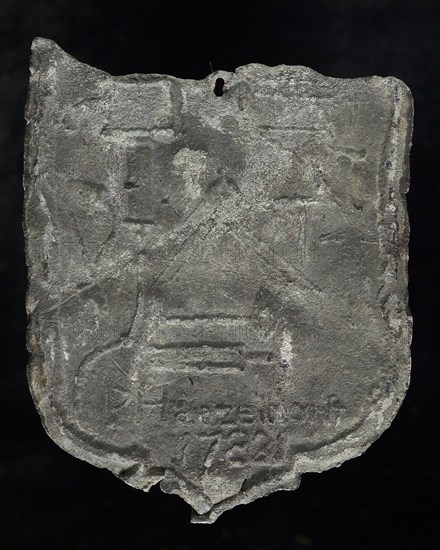 P. Haazelhorst, Roof bonnet, shield-shaped cover plate with 1783, P. Haazelhorst and guide tool, lead hallmark lead metal, Roof