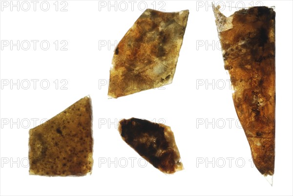 Four fragments of window glass covered with thick layer of irisation, window glass building material soil find glass, w 3.3 cast