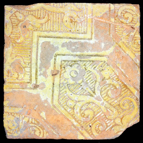 Earthenware tile with continuous decor in sludge technology, sheet scrolls in diagonal frames, tile floor tile tile sculpture