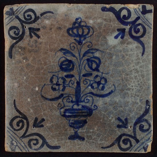 Tile, flower vase, blue decor white ground, corner filling oxen head, wall tile tile sculpture ceramic earthenware enamel