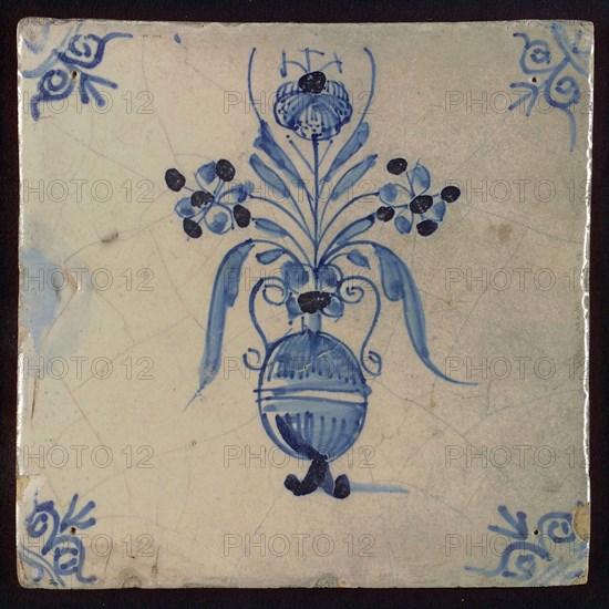 Tile, flower vase, blue decor white ground, corner filling oxen head, wall tile tile sculpture ceramic earthenware enamel