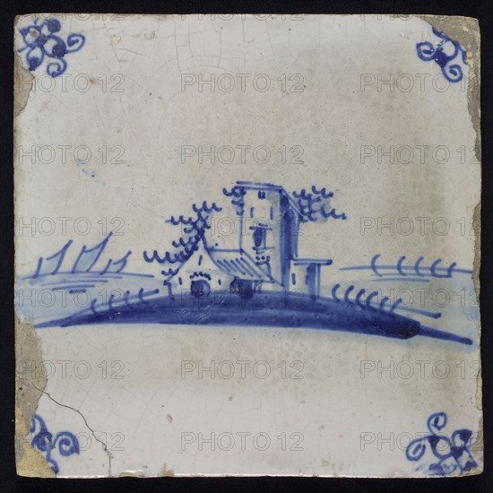 Tile, landscape with ruin, blue decor on white ground, corner fill spider, wall tile tile sculpture ceramic earthenware enamel