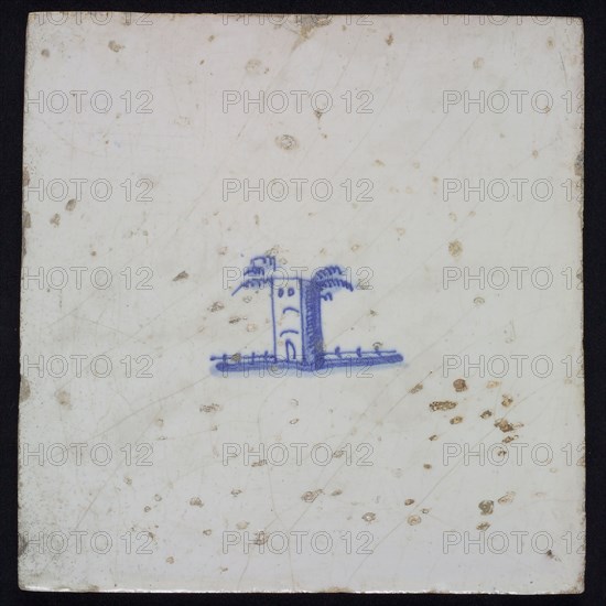 Landscape tile with tower, blue decor on white ground, no corner fill, wall tile tile sculpture ceramic earthenware enamel