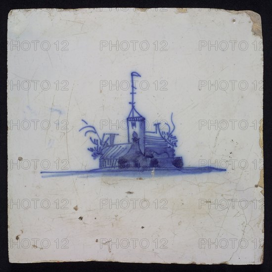 Landscape tile with village and church tower, blue decor on white ground, no corner filling, wall tile tile sculpture ceramic