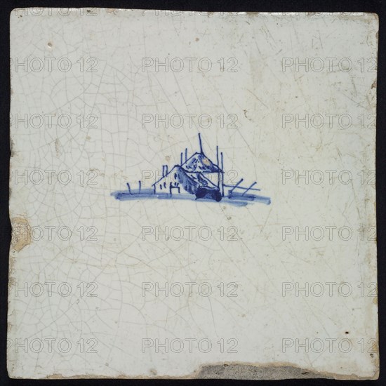 Landscape tile with farmhouse, blue decor on white ground, no corner filling, wall tile tile sculpture ceramic earthenware