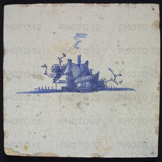 Landscape tile with farm or house, blue decor on white ground, no corner filling, wall tile tile sculpture ceramic earthenware