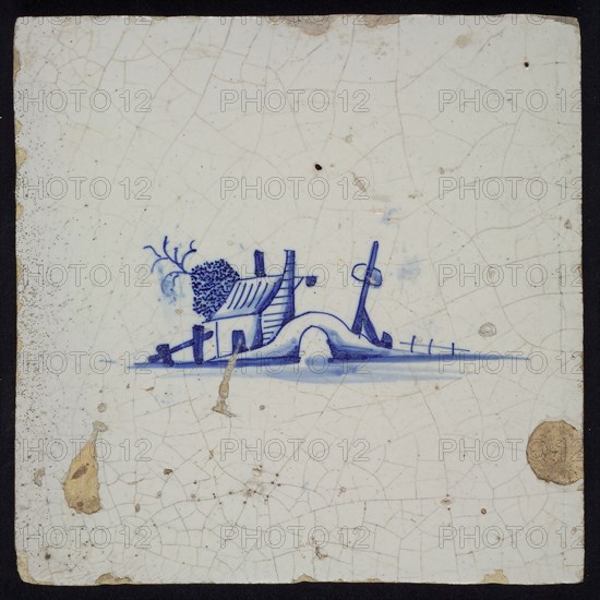 Landscape tile with bridge and inn, blue decor on white ground, no corner fill, wall tile tile sculpture ceramic earthenware