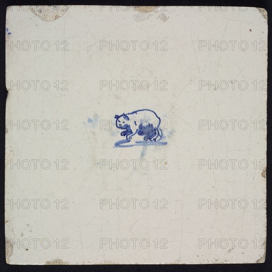 Animal tile with unspecified mammal, blue decor on white ground, no corner padding, wall tile tile sculpture ceramic earthenware