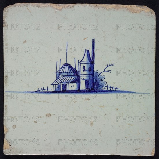 Landscape tile with farmhouse, blue decor on white ground, no corner filling, wall tile tile sculpture ceramic earthenware