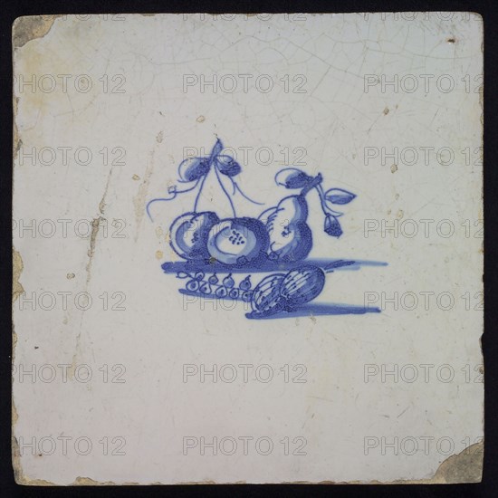 Scene tile, fruit, pear, plums and berries, blue decor on white ground, no corner filling, wall tile tile sculpture ceramic