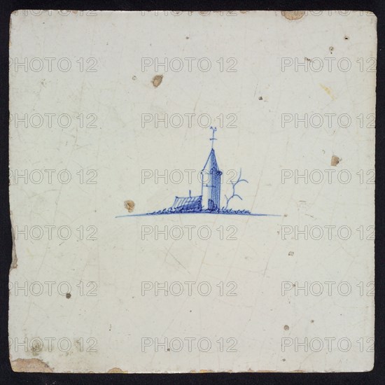 Landscape tile, church building, blue decor on white ground, no corner filling, wall tile tile sculpture ceramic earthenware