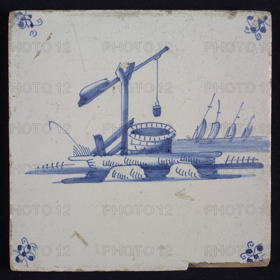 Scene tile, well, blue decor on white ground, corner fill spider, wall tile tile sculpture ceramics pottery glaze tin glaze