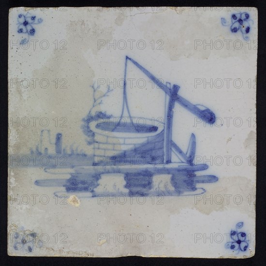 Scene tile, well, blue decor on white ground, corner fill spider, wall tile tile sculpture ceramic earthenware enamel tinglage