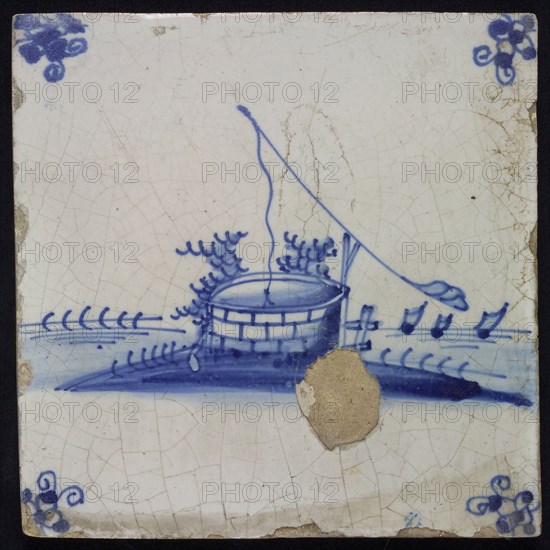 Scene tile, well, blue decor on white ground, corner fill spider, wall tile tile sculpture ceramic earthenware enamel tinglage