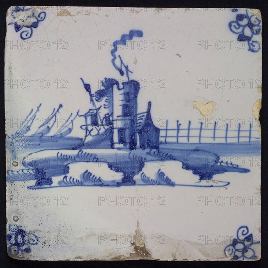 Scene tile, lighthouse and lighthouse, blue decor on white ground, corner fill spider, wall tile tile sculpture ceramic