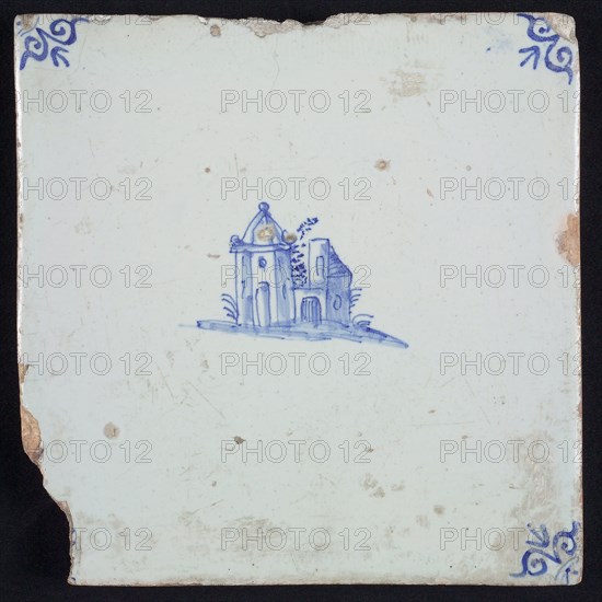 Scene tile, landscape tile with building, blue decor on white ground, corner filler ox head, wall tile tile sculpture ceramic