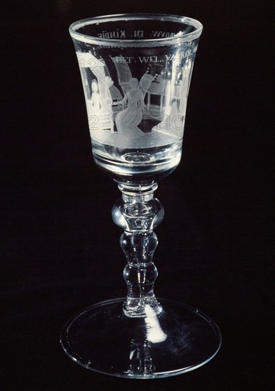 Chalice, goblet, engraved with maternity scene and THE WELFARE OF THE KRAM WOMAN AND CHILD, wine glass drinking glass drinking