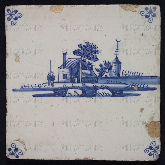 Scene tile, landscape tile with village, blue decor on white ground, corner fill spider, wall tile tile sculpture ceramic