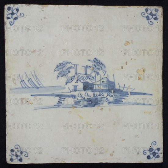 Scene tile, landscape tile with farmhouse, blue decor on white ground, corner fill spider, wall tile tile sculpture ceramic