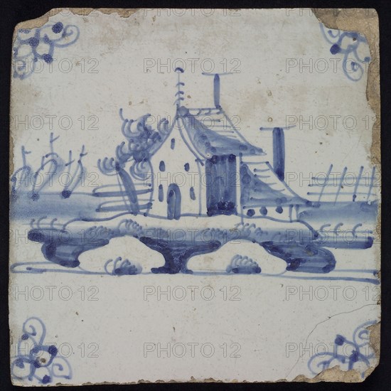 Scene tile, landscape tile with house, blue decor on white ground, corner fill spider, wall tile tile sculpture ceramic