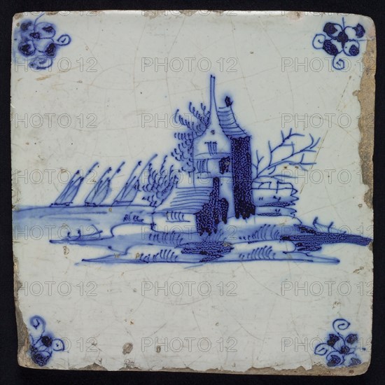 Scene tile, landscape tile with house, blue decor on white ground, corner fill spider, wall tile tile sculpture ceramic