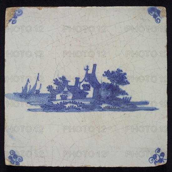 Scene tile, landscape tile with house, blue decor on white ground, corner fill spider, wall tile tile sculpture ceramic