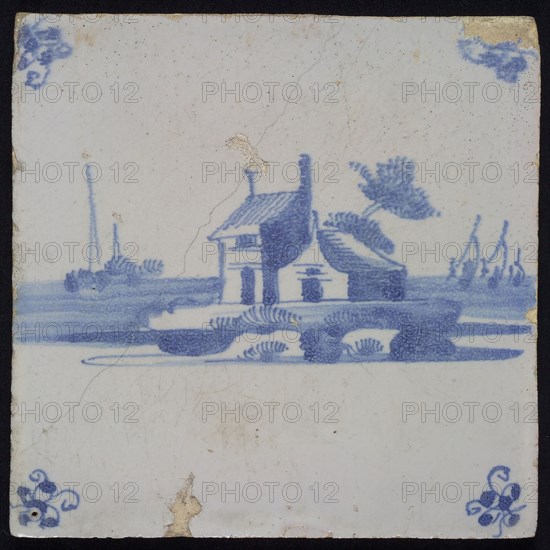 Scene tile, landscape tile with house, blue decor on white ground, corner fill spider, wall tile tile sculpture ceramic