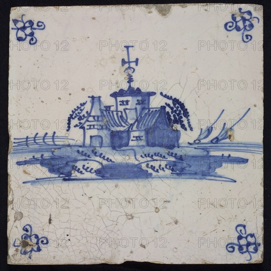 Scene tile, landscape tile with house and church, blue decor on white ground, corner fill spider, wall tile tile sculpture