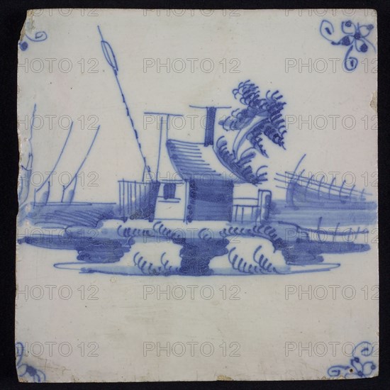 Scene tile, landscape tile with staff and house, blue decor on white ground, corner fill spider, wall tile tile image ceramics