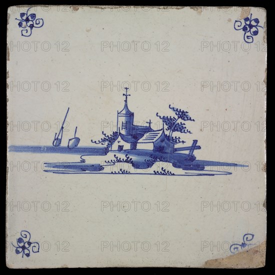 Scene tile, landscape tile with village and church, blue decor on white ground, corner fill spider, wall tile tile sculpture