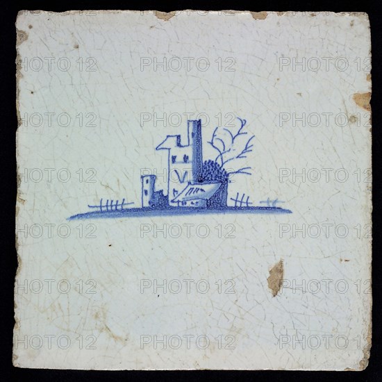 Scene tile, landscape with ruin, blue decor on white ground, no corner fill, marked, wall tile tile sculpture ceramic