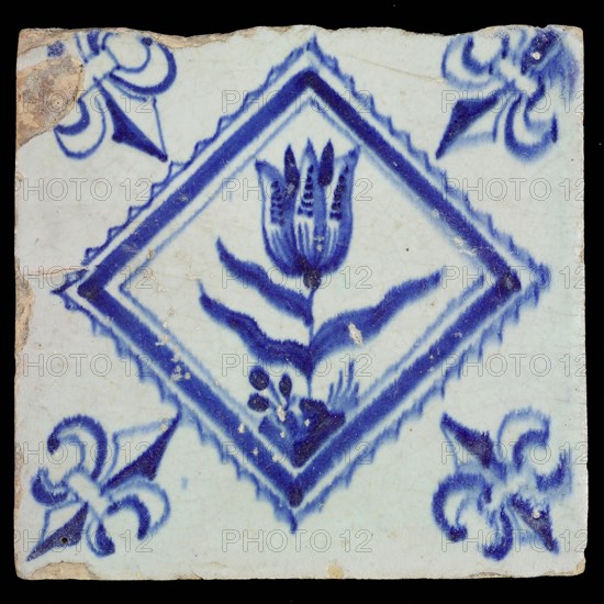 Flower tile with tulip in serrated square, blue decor on white ground, corner filling lily, wall tile tile sculpture ceramic