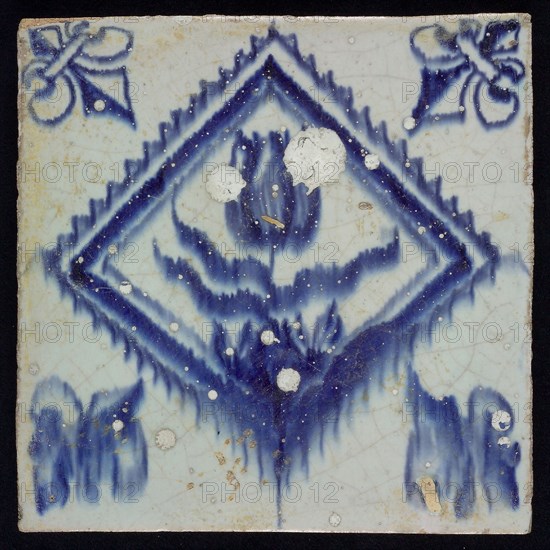 ME, Flower tile, tulip in serrated square, blue decor on white ground, corner filling lily, marked, wall tile tile sculpture