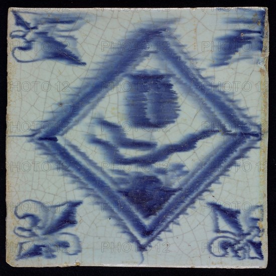 E, Flower tile, tulip in serrated square, blue decor on white ground, corner filling lily, marked, wall tile tile sculpture