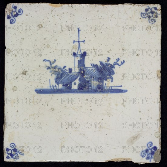 PP, Scene tile, landscape with village, blue decor on white ground, corner fill spider, marked, wall tile tile sculpture ceramic