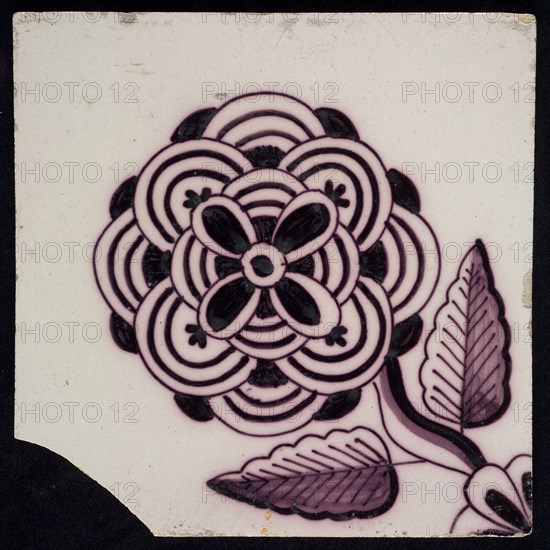 F.J. Kleyn, Ornament tile with large diagonal rose, manganese decor on white ground, corner filling: quarter rosette, wall tile