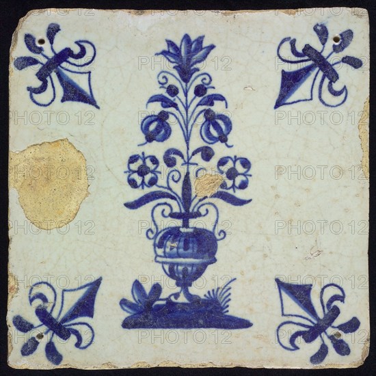 Flower Tile, large flowerpot on the ground, blue decor on white ground, corner filling: lily, wall tile tile sculpture ceramic