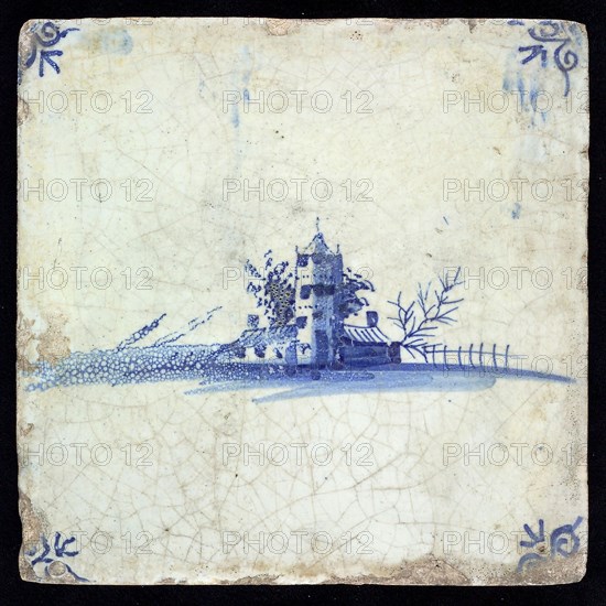 Scene tile with tower and houses, blue decor on white ground, corner filling: ox head, wall tile tile image ceramic earthenware