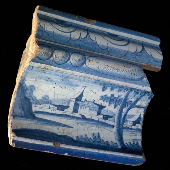 Profiled construction fragment, part of faience frieze, showing landscape in blue, frieze frame part ceramics pottery glaze tin