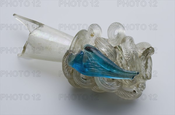 Fragment of trunk and calyx of façon de Venise flute glass, flute glass drinking cup holder ground find glass, free blown