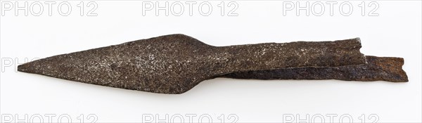 Spearhead, possibly from throwing spear, spear lance arm soil found iron metal, Point of spear with sharp blade tip and narrow