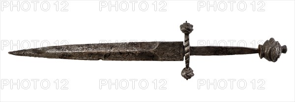 Iron dagger, knobs on hilt and crossbar, marked, dagger stab weapon arm soil found iron metal, forged Iron dagger. Two-edged
