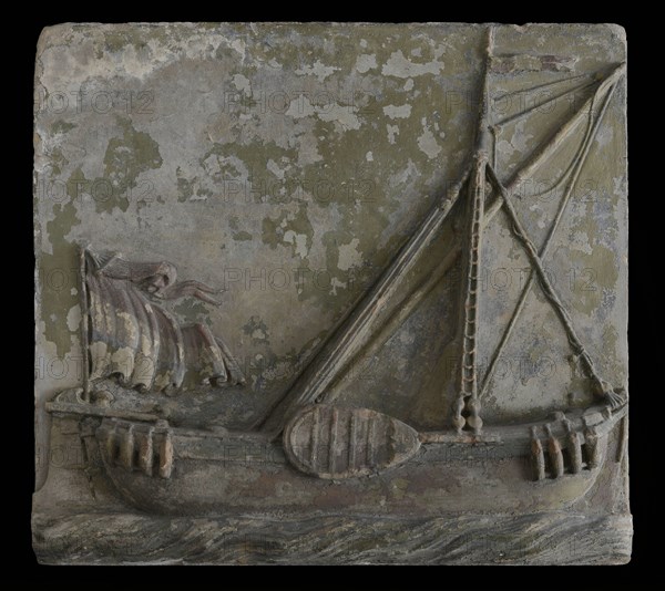 Gable stone Klein Schippersgilde with barge in turbulent water, facing stone sculpture sculpture building component sandstone