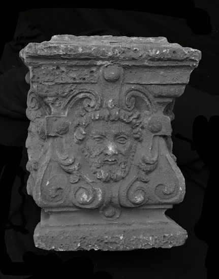 Basement of chimney with three male heads, basement ornament mantelpiece chimney building component plaster, cast Basement
